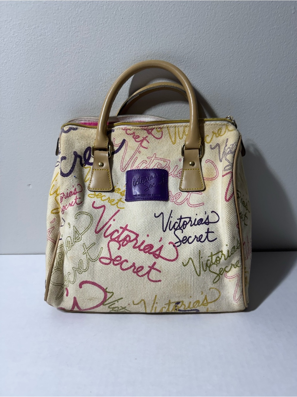 Victoria's Secret Cream Canvas Tote with Multicolor Script and Tan Trim